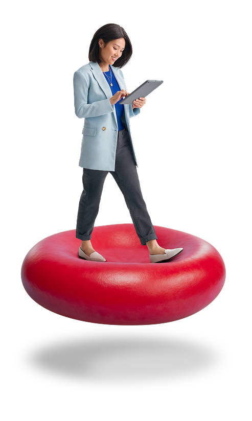 Image of a woman standing with a microphone on a red circle, representing red blood cell